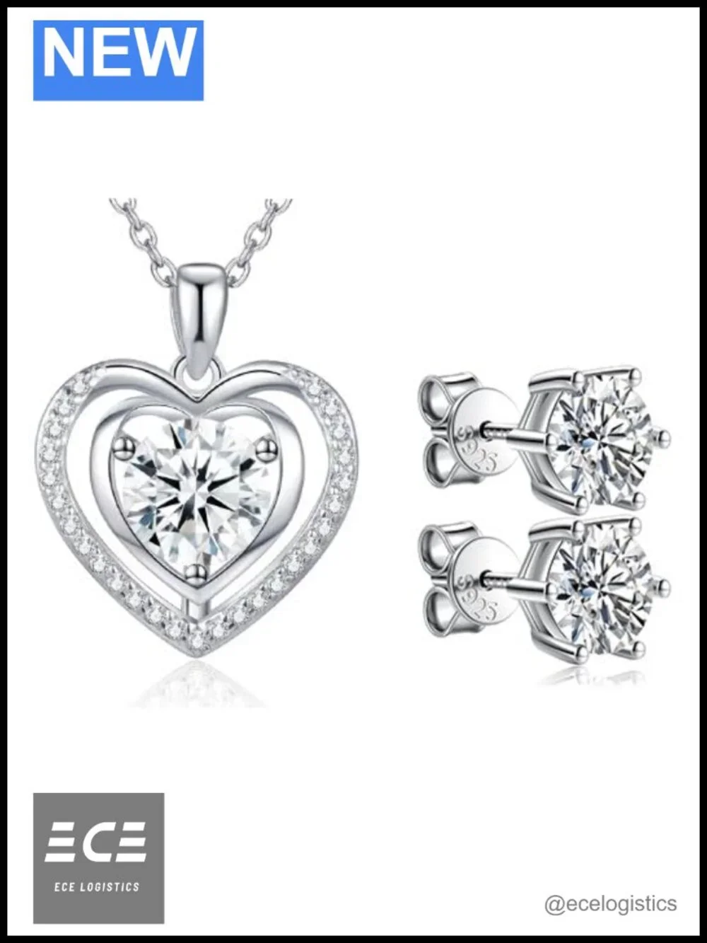 Diamond Heart Pendant Necklace Moissanite Stud Earrings Jewelry Gift Set 3